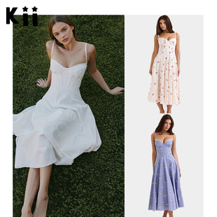 Kii美国正品在途house of cb鱼骨收腰弹力棉玫瑰印花中长吊带裙