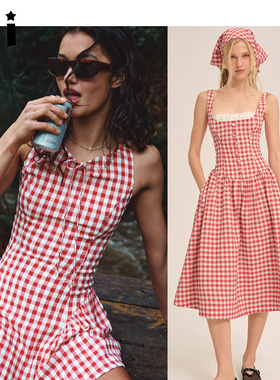 Kii正品代购For Love & Lemons红色格子无袖迷你裙中长吊带连衣裙