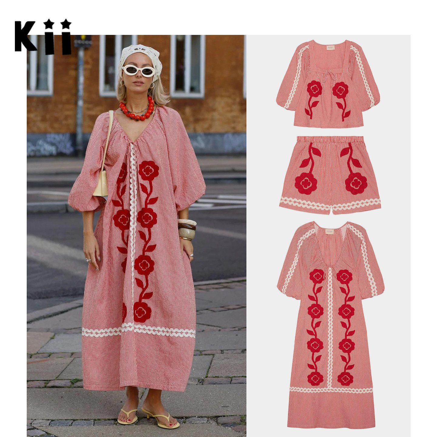 Kii正品现货Sissel Edelbo有机棉刺绣红花朵衬衫短裤长裙 Abelone