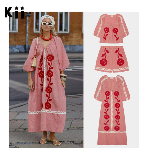 Kii正品现货Sissel Edelbo有机棉刺绣红花朵衬衫短裤长裙 Abelone
