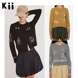 Kii正品美国代购Sea New York法式羊毛圆领刺绣针织开衫外套毛衣