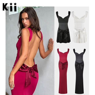 Kii正品现货Tiger Mist长裙性感蝴蝶结缎带露背吊带连衣裙礼服