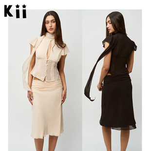 Kii少量在途GUIZIO 镂空飘带收腰上衣衬衫+褶皱中长半身裙套装