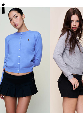 Kii正品Guizio蓝色秋冬美式俏皮小熊刺绣针织开衫圆领毛衣女