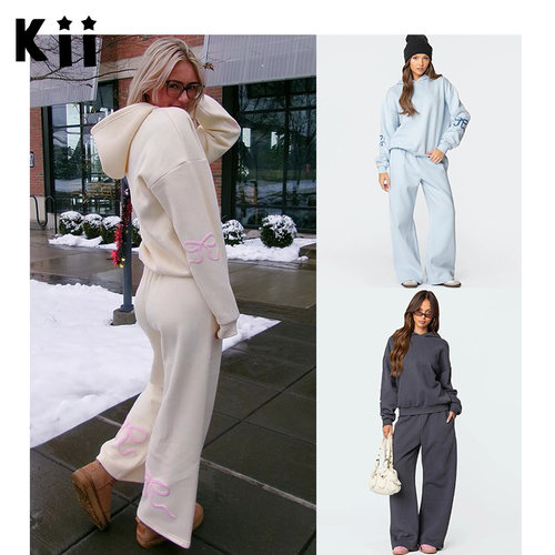 Kii美国部分现货Edikted秋冬25ss休闲粉丝带印花连帽卫衣阔脚卫裤