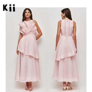 Kii澳洲代购 Aje粉色收腰雕塑领口女士礼服度假层叠荷叶边长裙 正品