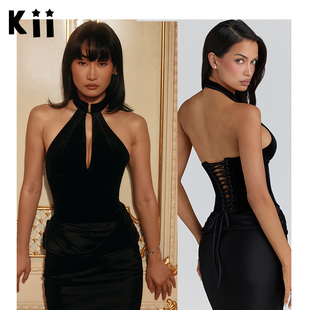 Kii美国正品Houseof CB小众黑色弹力天鹅绒挂脖露背后绑带上衣Zia