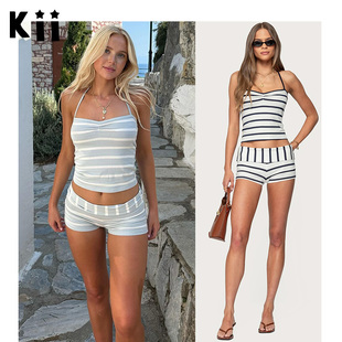 Kii部分现货美国Edikted 美式辣妹条纹挂脖上衣折叠包臀短裤套装