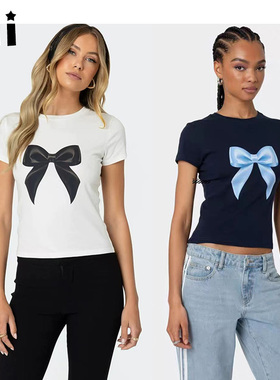 Kii正品部分现货Edikted甜辣妹风蝴蝶结印花正肩修身露腰短袖T恤