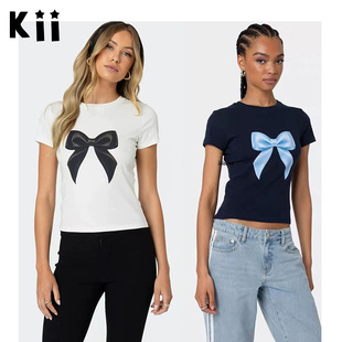 Kii正品部分现货Edikted甜辣妹风蝴蝶结印花正肩修身露腰短袖T恤