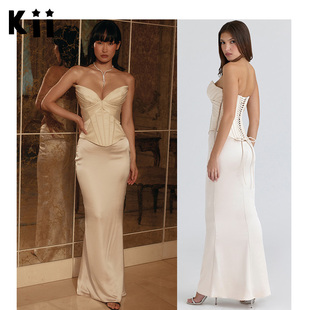 限量版 Kii美国正品 象牙白缎面紧身后绑带抹胸胸衣Eve House