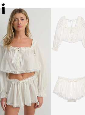 Kii美国代购For Love & Lemons白色方领蝴蝶结蕾丝边长袖上衣短裤