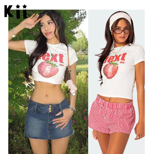 Edikted甜草莓印花露脐短袖T恤