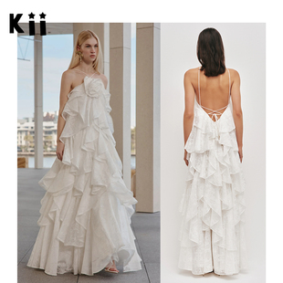 度假风女士长裙26秀款 Aje 刺绣叠层荷叶边白色连衣裙 代购 Kii正品