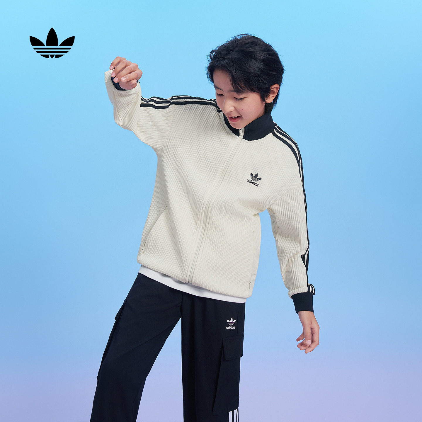 大童三条纹华夫格针织休闲百搭宽松夹克外套adidas阿迪达斯三叶草