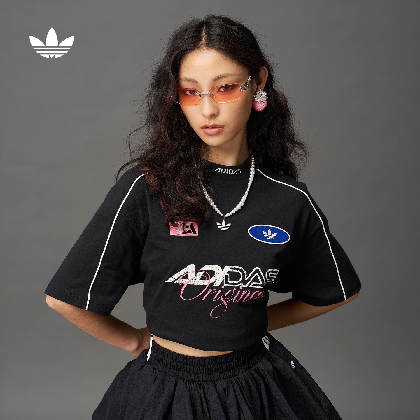 小高领赛车风运动纯棉上衣短袖T恤女装夏季adidas阿迪达斯三叶草