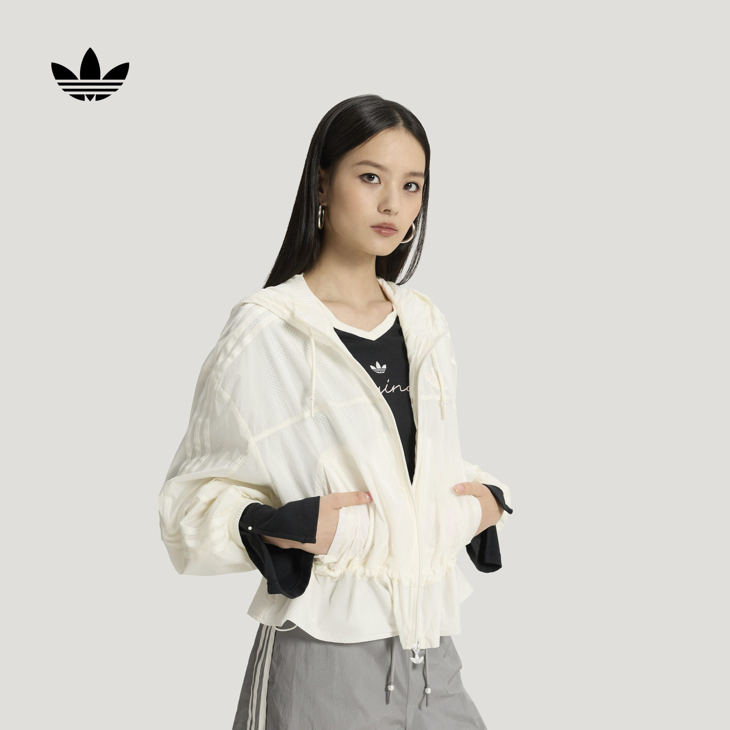 宋雨琦同款时尚收腰上衣连帽薄外套女装新款adidas阿迪达斯三叶草