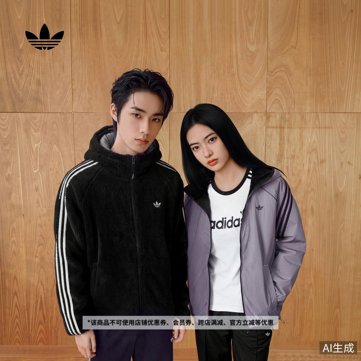 双面穿休闲仿羊羔绒连帽夹克外套男女秋冬adidas阿迪达斯三叶草