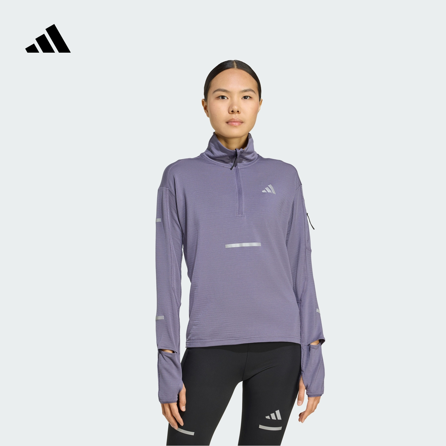 透湿保暖半拉链毛圈布跑步运动套头衫女装adidas阿迪达斯官方