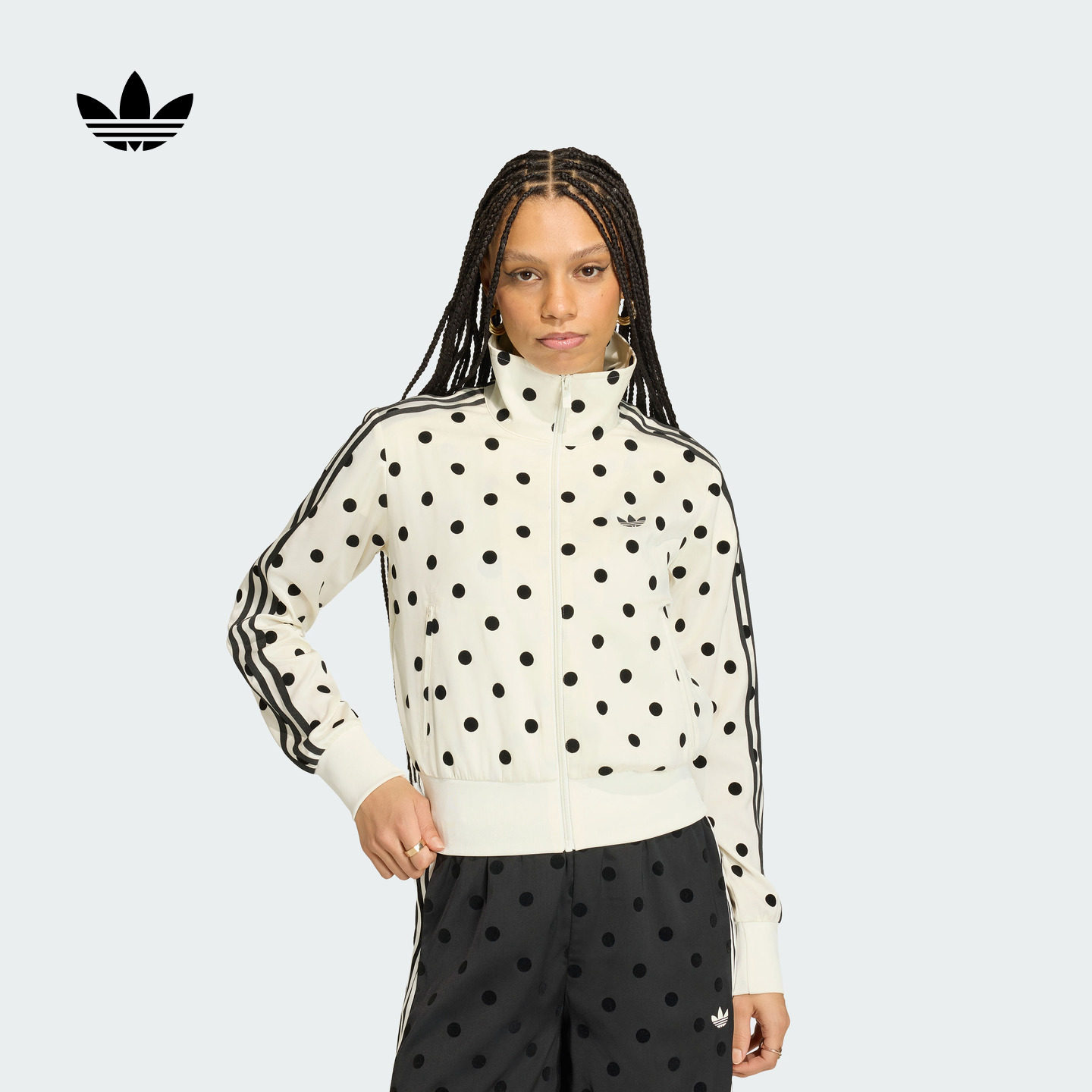 缎面波点上衣漏斗领休闲夹克早秋外套卫衣女adidas阿迪达斯三叶草