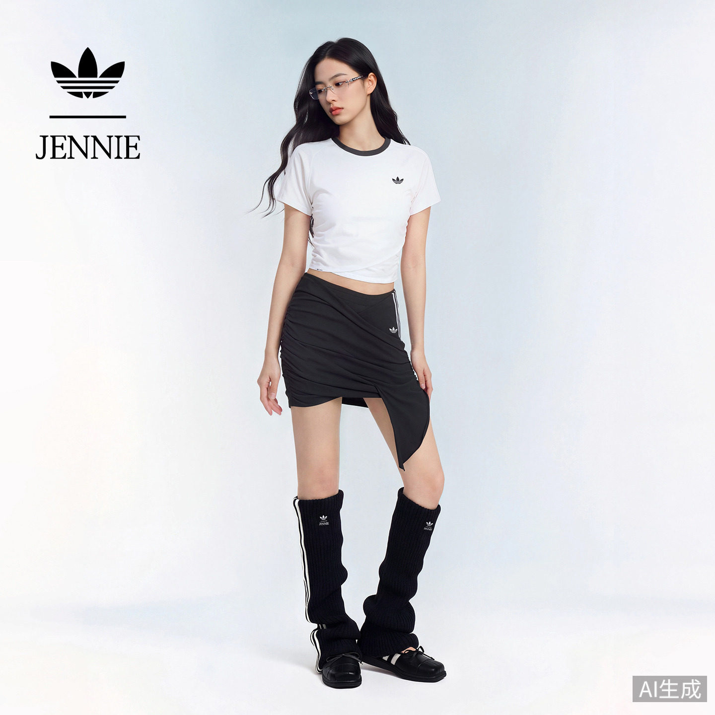 JENNIE联名短款运动短袖T恤褶皱上衣女新款adidas阿迪达斯三叶草