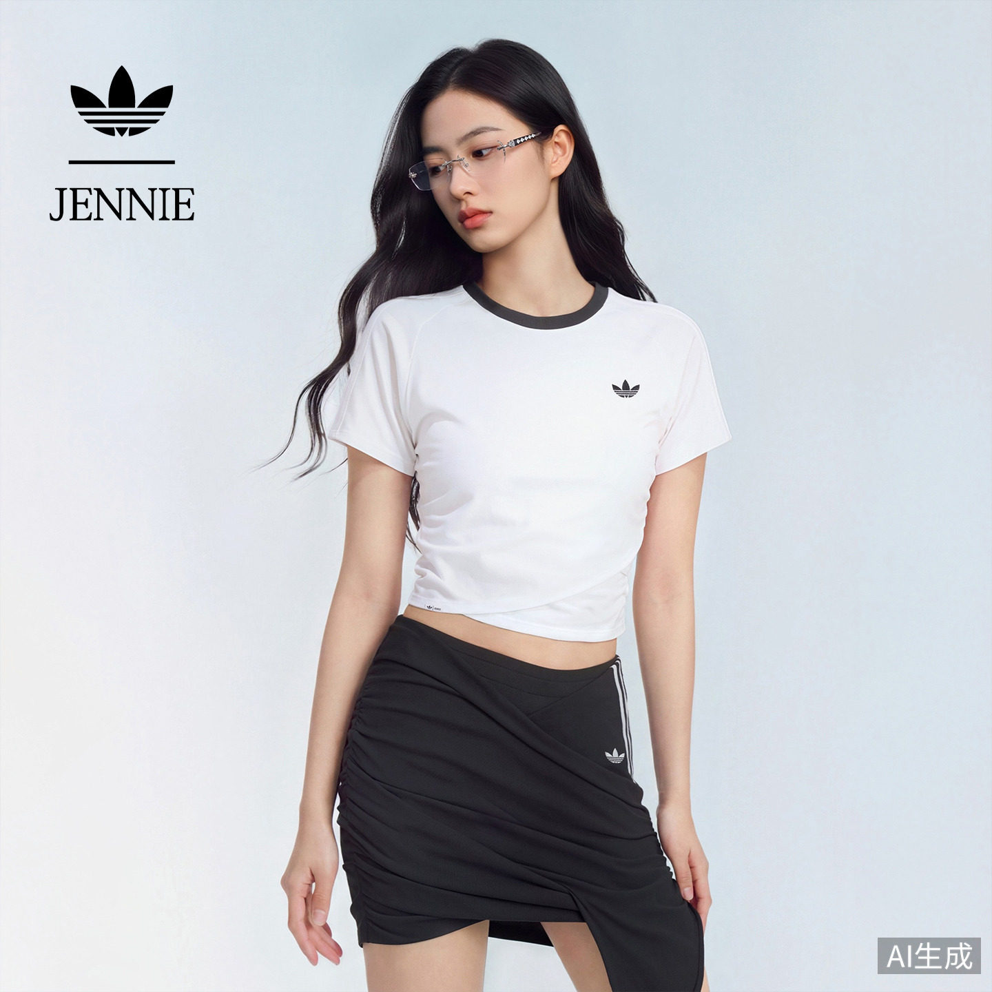 JENNIE联名短款运动短袖T恤褶皱上衣女新款adidas阿迪达斯三叶草