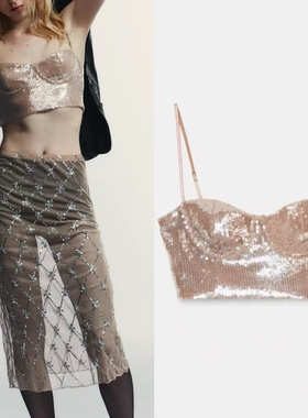 原d 欧美性感露背修身亮片吊带背心珠片绣弹力显瘦短款抹胸式上衣