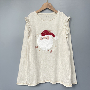 外贸女童纯棉长袖 14岁儿童刺绣圆领打底衫 T恤木耳边 夏季 9A2