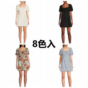 女装 7C3 夏季 外贸女士棉方领短袖 碎花双层露背A字裙中裙 连衣裙