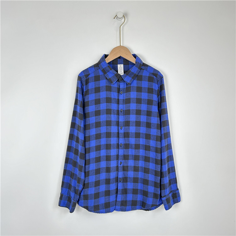 外贸男童纯棉格子衬衫翻领单排扣