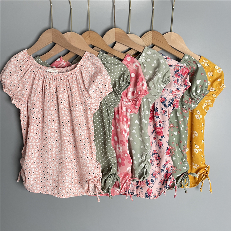 9B0 外贸女童雪纺碎花短袖T恤 夏季7-12岁弹力碎花一字领上衣