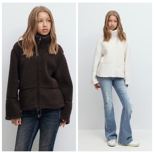 7G3 外贸女童泰迪绒拉链外套秋冬保暖134-170儿童纯色羊羔绒立领