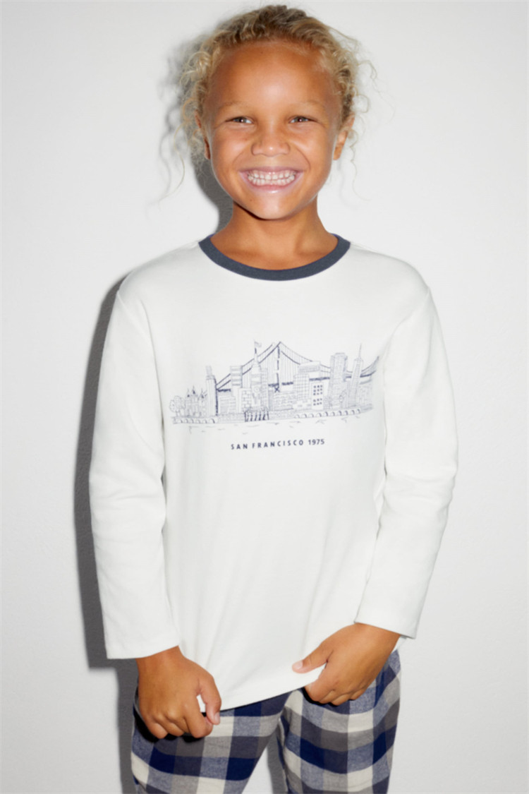 3D3 外贸儿童纯棉印花家居服春秋款7-14岁男女童圆领睡衣格子睡裤