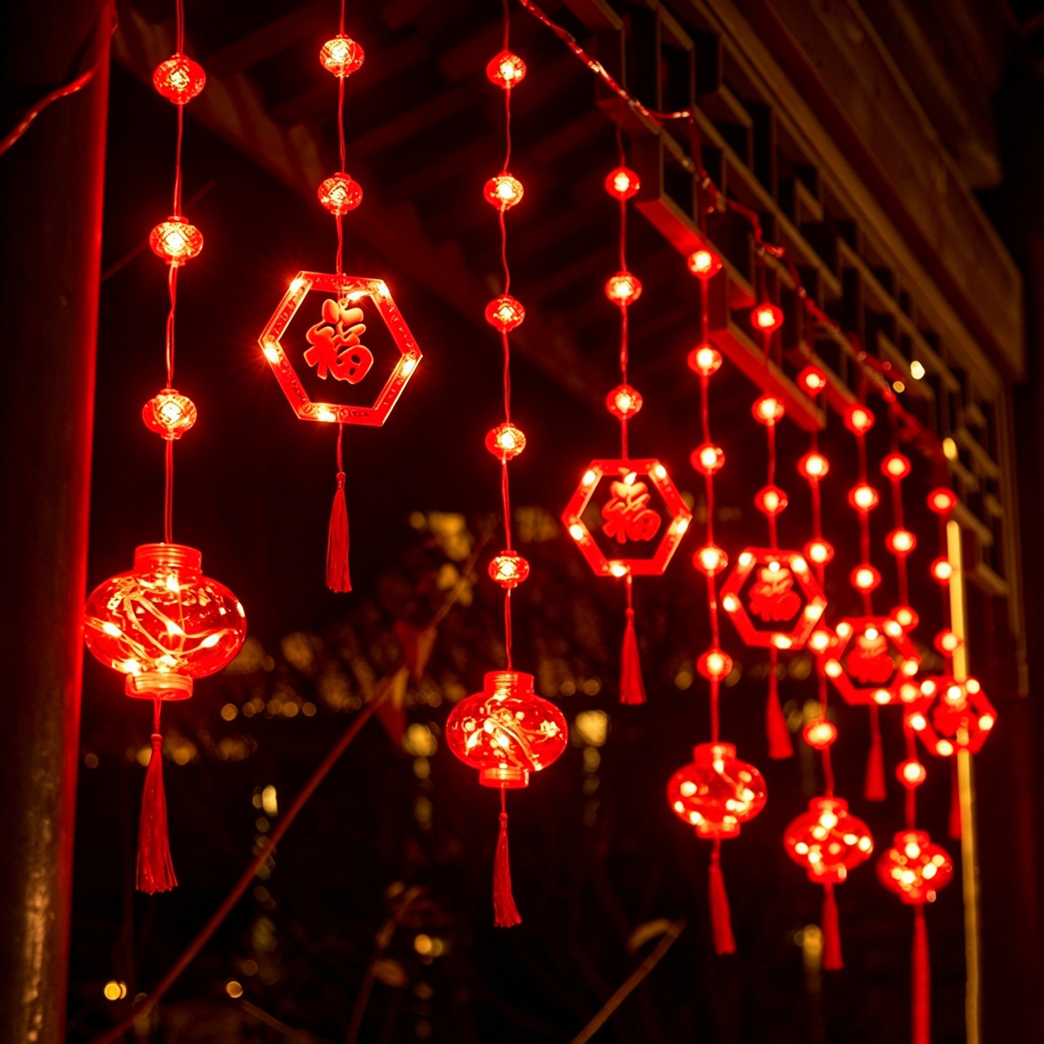 古风中式红六边福字灯笼客厅LED装饰灯串春节新年喜庆挂饰流苏灯