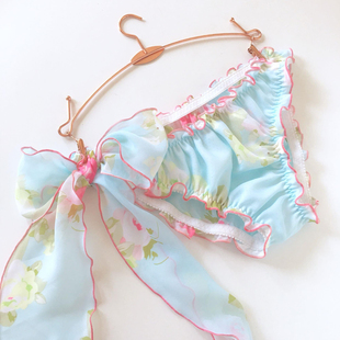 K020 印花雪纺纱可爱女士三角半包臀内裤男款男士内裤蝴蝶结系带