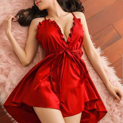 网红韩版新款仿真丝弹力色丁女士露背大裙摆深V领性感睡衣家居服