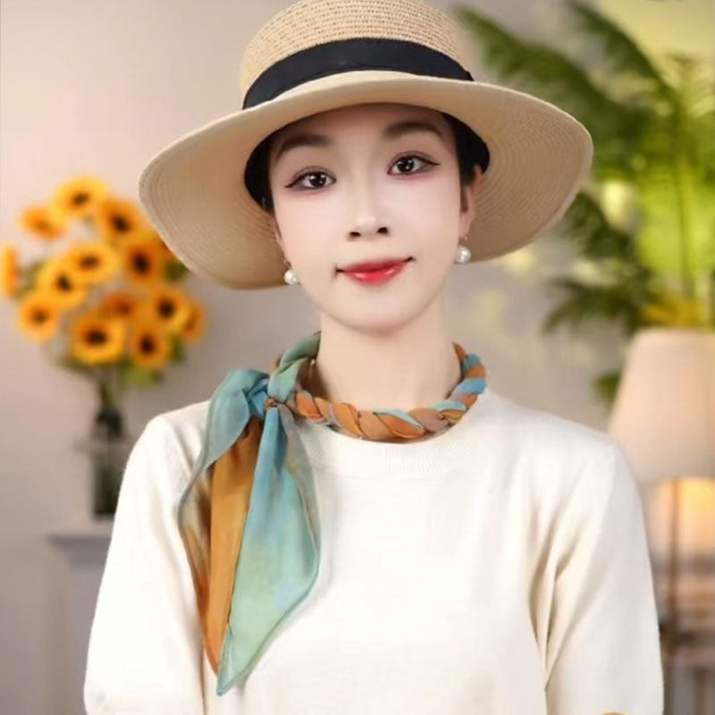 莫奈2026夏季新品渐变橘蓝洋气斜角飘带显白气质乔其纱纱巾丝巾