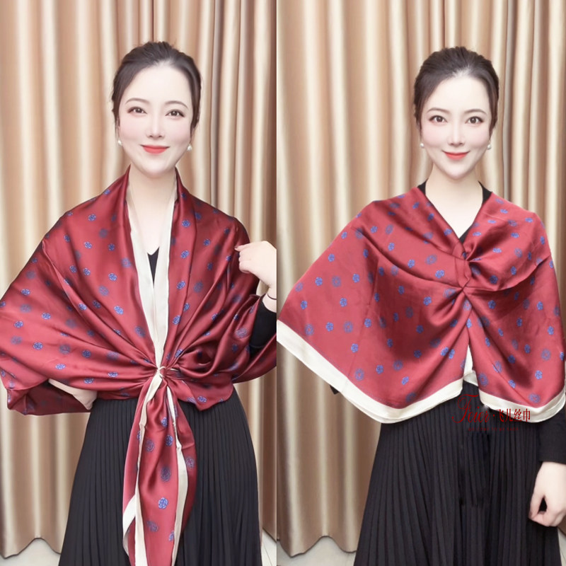 杭州丝绸百搭丽锦缎丝绸丝巾印花保暖时尚长款秋冬季女士红色围巾