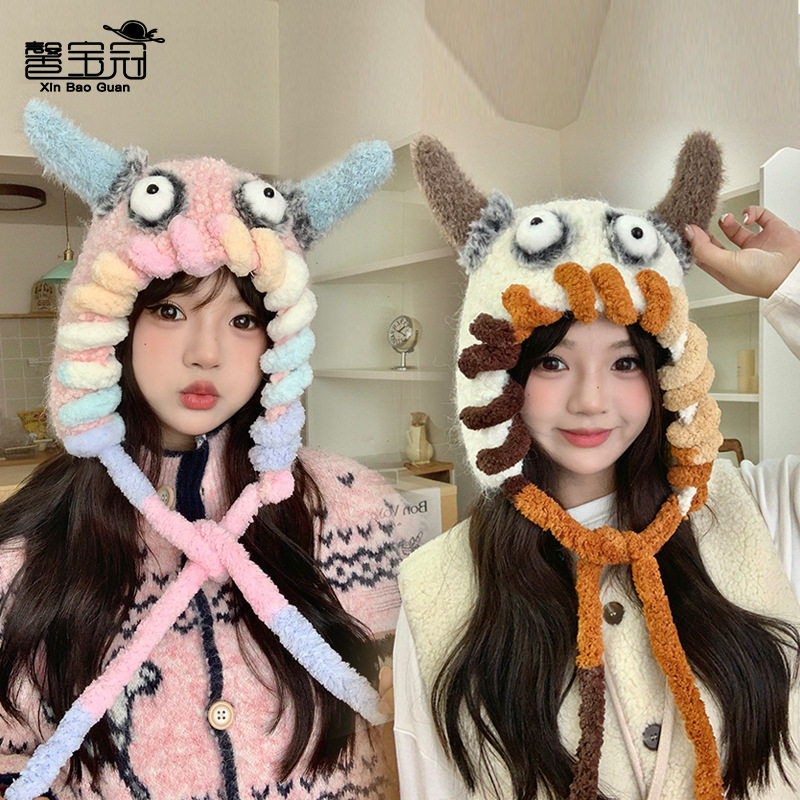 毛绒小怪兽针织帽女冬季保暖护耳卡通搞怪渔夫帽雷锋帽款