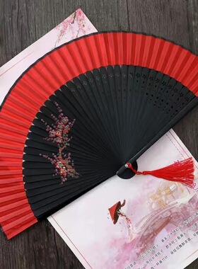 古风女士竹折扇6寸黑夹红梅花