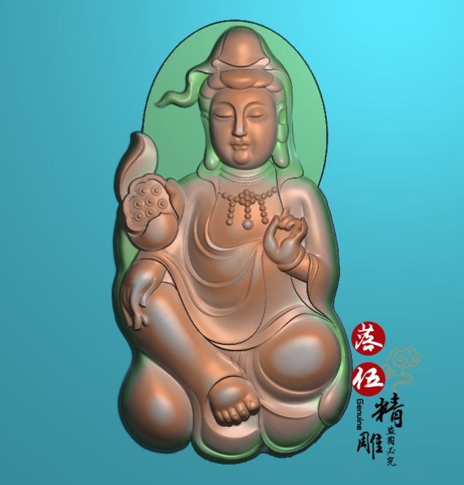 莲花坐观音00173形挂件木雕精雕图浮雕玉雕灰度图JDPBMP雕刻图 - 实物图