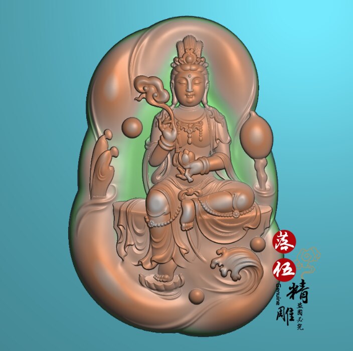 悟道拜观音25929灵芝观音浮雕图水浪精雕图随形灰度图机雕JDP/bmp
