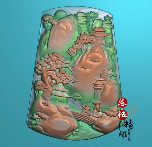 深雕山水牌00216山水悟道悟禅精雕浮雕玉雕灰度图JDPBMP电脑雕刻