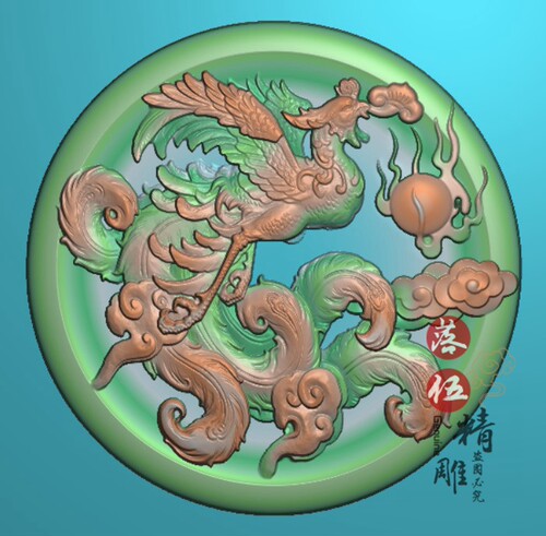 圆形凹底凤凰挂件0093 精雕图祥云草凤浮雕图仿古装饰木雕灰度图