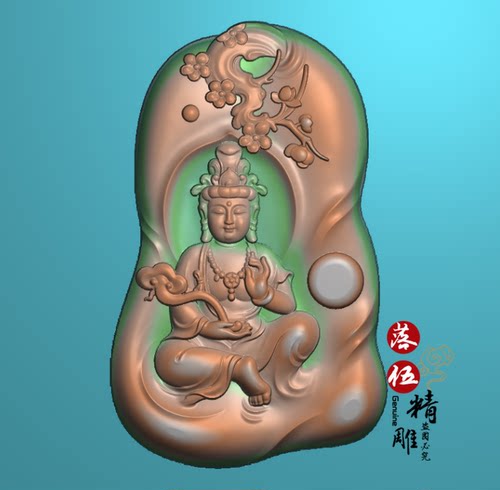 持如意 观音65442浮雕图树牌头精雕图 灰度图 雕刻图坐观音随形