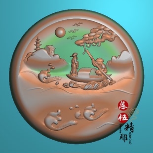 山水人物划船诗人李白乘舟将欲行海浪圆牌6741精雕图灰度图迎客松