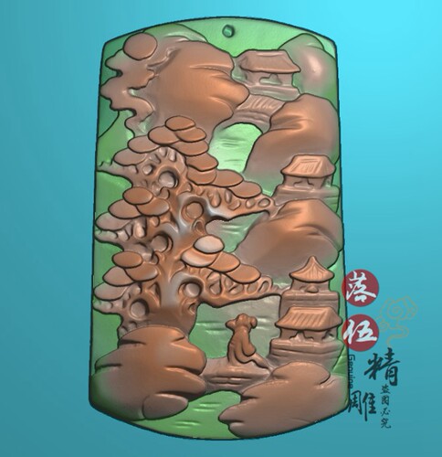 扫描厚装山水3359随型山水精雕图jdp灰度图bmp浮雕图玉雕松树小桥