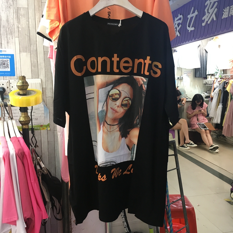 主角6672正品2019夏季新款短袖圆领时尚印花大版棉T恤中长款女装