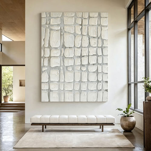 意式极简玄关挂画手绘油画3D立体抽象几何客厅装饰画金白色厚肌理