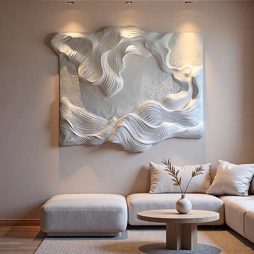 抽象客厅装饰画立体浮雕工艺画手工纯白酒店侘寂风格玄关房间挂画
